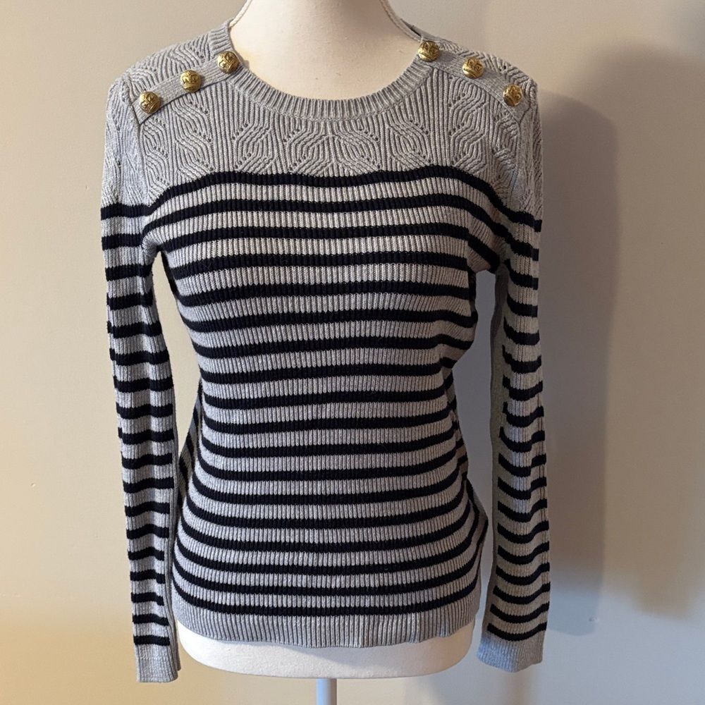 Talbots Striped Ribbed Long Sleeve Sweater with Gold Button Accents. Size Small